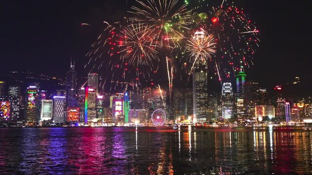 Chinese New Year fireworks at Victoria habour, Hong Kong, 4k