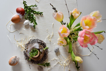 Wielkanoc, kartka świąteczna, jajka, rzeżucha, dekoracje wielkanocne. Easter, easter decorations, eggs, watercress, poster.  © Anita