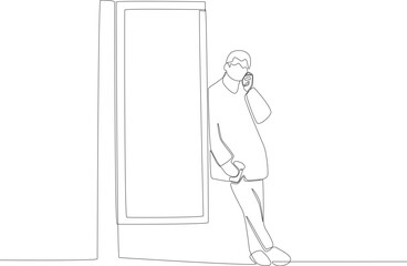 A passenger calls his friend at the bus stop. Public transport one-line drawing