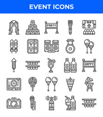 Event line icon. Related to the gate, flag, cake, partry, mic, satay, food, ticket, glass, ballon, music, camera. Editable stroke. Vector illustration