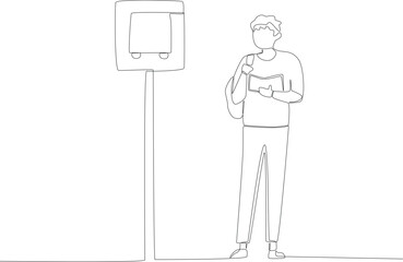 A student waiting for the bus while carrying a bag. Public transport one-line drawing