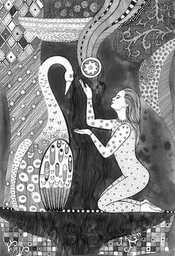 Girl and bird. Hand graphics, ink and pen.