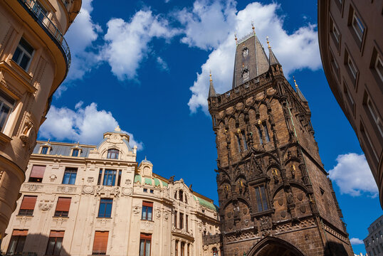 Prague old historical center beautiful architectures with medieval Powder Tower, one of the oldest city gates
