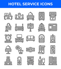 Hotel service line icon. Related to telephone, bowl, sofa, washing machine, bill, hotel, clock, shower. Editable stroke. Vector illustration