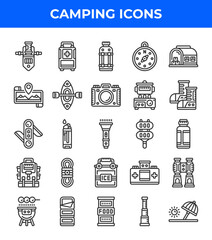 Camping line icon. Related to compass, canoe, suitcase, knife, bed, bbq, sausage, bottle, bag. Editable stroke. Vector illustration