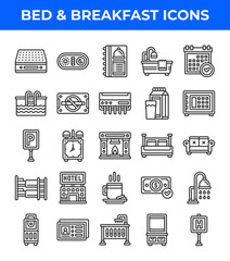 Bed and breakfast line icon. Related to bed, bathtub, calendar, parking, clock, sofa, money. Editable stroke. Vector illustration
