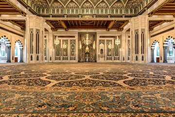 Inside view of the magnificent Sultan Qaboos Grand Mosque in Muscat, Oman - a true masterpiece of...
