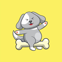 happy dog flying with bone cute cartoon vector illustration, kawaii animal