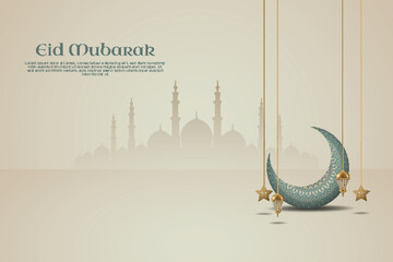 A eid mubarak poster with crescent 3d illustration and ornament arabic style. © ariftri