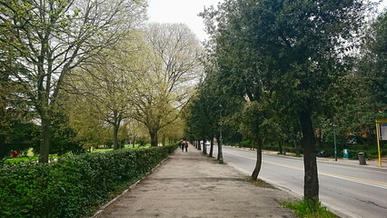 Rome, Italy - Apr 03 2018: Visitors walking on a path in Villa Borghese with trees on the side and a road next to it before the pandemic