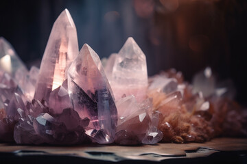 Soft pink rose quartz crystals background. Created with generative AI technology.
