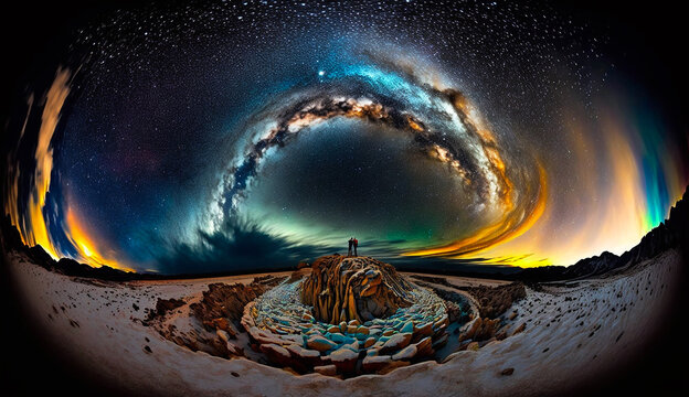 Friends Adventure Trip and Outdoor Nature Relaxation, with Aurora Scenic Landscape and Northern lights. Generative AI.