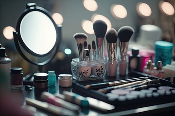 Make up products on a modern vanity table with a mirror surrounded.Generative AI