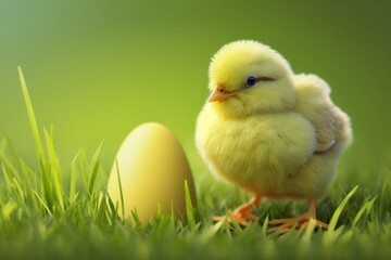 Little yellow chicken and egg on the grass on green background