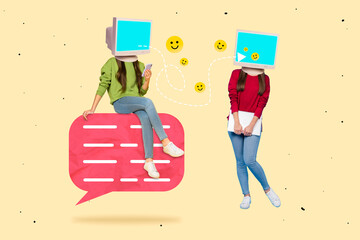 Creative collage image of two girls pc screen instead head use smartphone send smile emoji chatting...