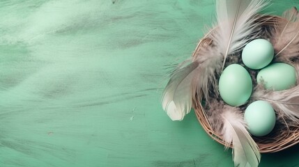 Banner. Easter eggs, feathers in a nest on a pastel green wooden background. The minimal concept. Top view. Card with a copy of the place for the text. Generative AI