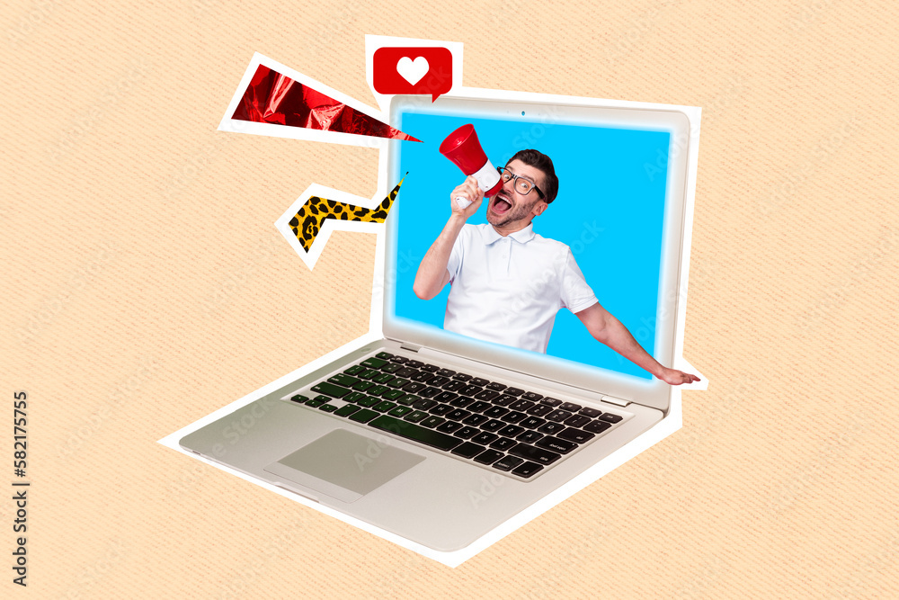 Poster creative collage image of excited crazy guy inside netbook screen hold loudspeaker talk speak like n