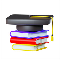 square academic cap (bonnet or mortarboard) on book. vector illustration 3d render. isolated on white background