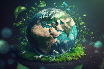 Obraz na płótnie Canvas Beautiful image of planet earth with plants around. Earth's Day. Generative AI.
