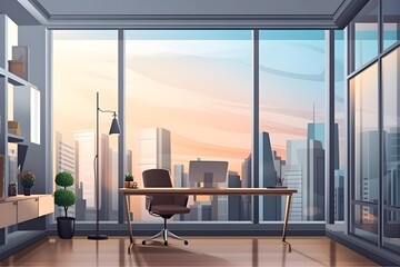 Illustration of a modern office interior in an apartment with bright afternoon sun in the background. Created with Generative AI technology.