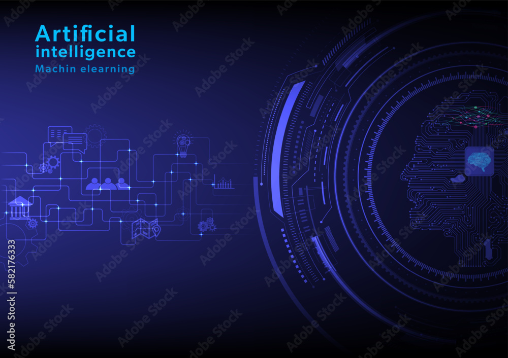 Poster technology machine learning artificial intelligence tech circle head circuit with a microchip has a 