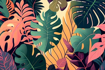 Vibrant, pastel colors, tropical leaves, pattern, illustrated. Generative AI