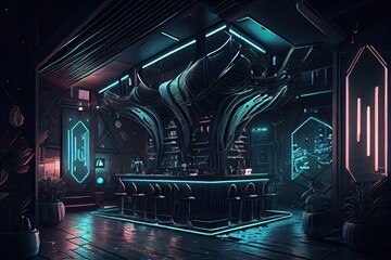 Nightclub from the future, futuristic setting, dark glow, Neon, hyper realist.