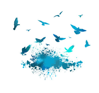 Blue birds flying flock. Vector illustration