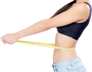 Asian woman diet and slim with measuring waist for weight, girl have cellulite and calories loss with tape measure, health and wellness concept.