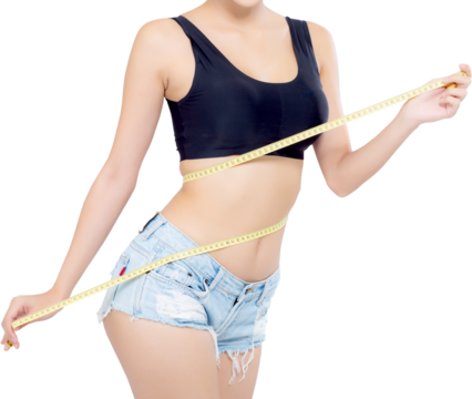 Asian woman diet and slim with measuring waist for weight, girl have cellulite and calories loss with tape measure, health and wellness concept.