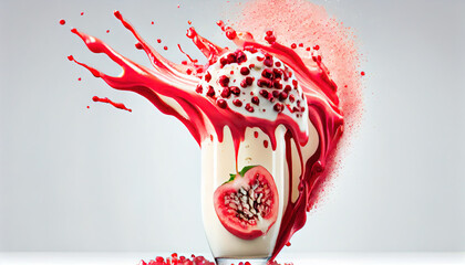 Red Pomegranate Fruit Smoothie-Juice Splashing or Dripping on White Backdrop AI Generative