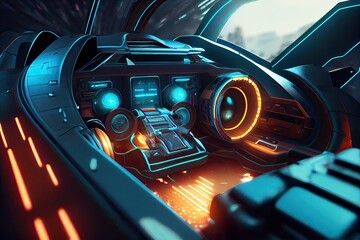 Futuristic sci-fi car interior view, hyper realistic. Inside view of the car. Generative AI