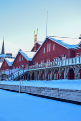 Lulea, Sweden Panorama city. Norrbottens Teater sunny winter day.