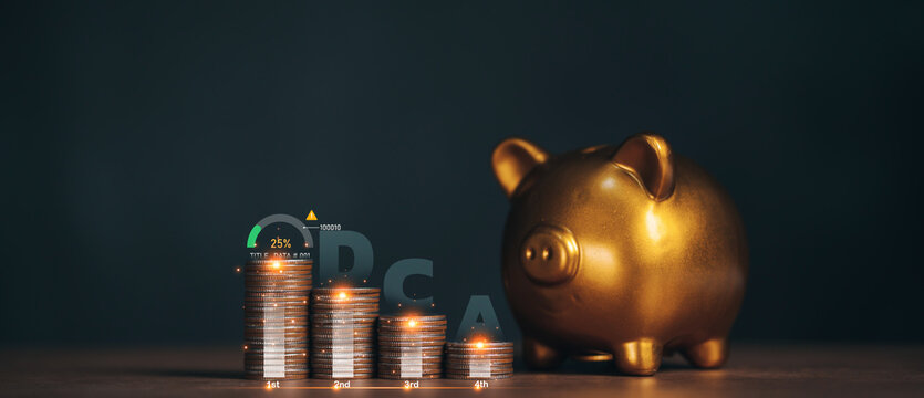 Gold piggy bank and coin with dollar cost average icon and investment graph , How To DCA device the best choice to control investment financial and guarantee worth return, high risk high return.