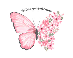 positive quote butterfly pink flower rose and daisies watercolor hand drawn design
