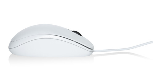 White modern wired computer mouse on white background. Computer technology concept