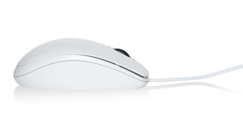 White modern wired computer mouse on white background. Computer technology concept