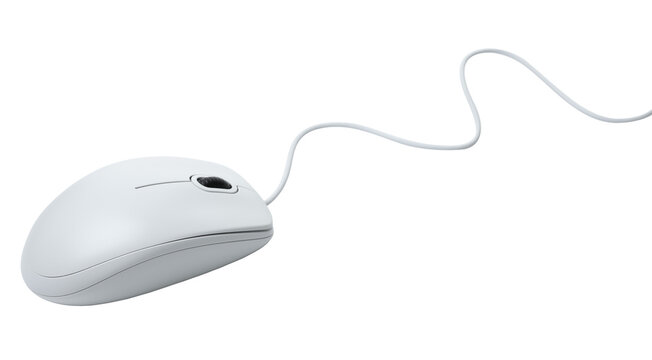 White modern wired computer mouse on white background. Computer technology concept