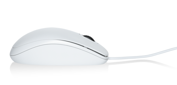 White modern wired computer mouse on white background. Computer technology concept