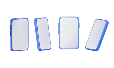 Set of different angles of smartphone in 3d render with screen, isolated white background, vector illustration