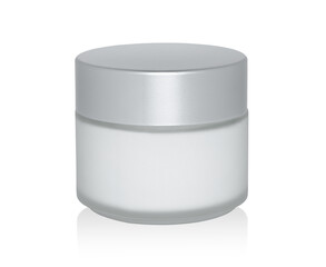 Glass cosmetic cream jar isolated white background. Fashion cosmetics concept