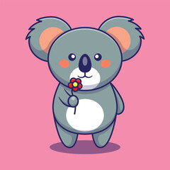 koala holding flower cute cartoon vector animal illustration, kawaii animal