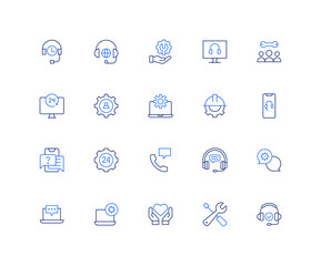 Support line icon set. Editable stroke. Duotone color. hours support, online, technical support, online support, hours, management, tech support, maintenance, support, settings, headphone.