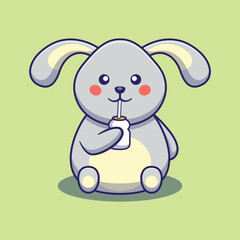 bunny rabbit drinking milk cute cartoon vector animal illustration, kawaii animal