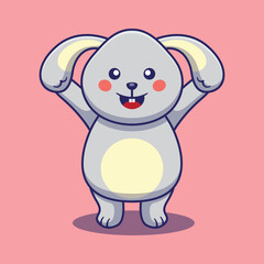 bunny rabbit holding ears cute cartoon vector animal illustration, kawaii animal