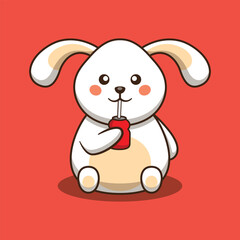 bunny rabbit drinking juice cute cartoon vector animal illustration, kawaii animal