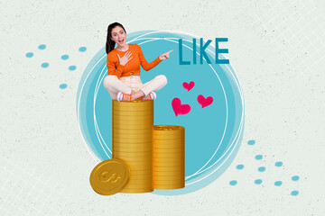 Collage portrait of excited amazed mini girl sit big pile stack money coins direct finger like...