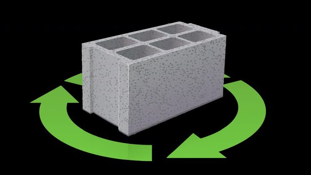 Loop animation of an isolated 3D cinder block with shadow and reflection surrounded by the circular green symbol of the 3 recycling arrows (white background,Transparency mask)