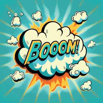 Cartoon sign of burst clouds with the word Boom. High quality photo