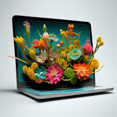 flowers flying out from open laptop screen with a splash. AI generated content